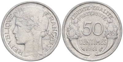 ФРАНЦИЯ 50 САНТИМОВ 1941 ТИП MORLON LOURDE KM 894.1a, LE FRANC 193.2 алюминий 44-239