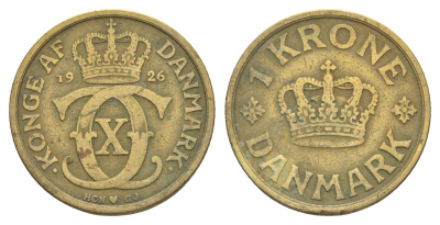 Дания 1 крона 1926 HCN, Кристиан X (1912-1947) KM 824 алюминиевая бронза 4638-645