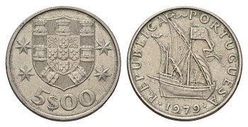 Португалия 5 эскудо 1979 парусник KM 591 медно-никель 4707-235