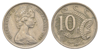 Австралия 10 центов 1966 Елизавета II (1952-2022), птица лирахвост KM 65 медно-никель 4364-3212