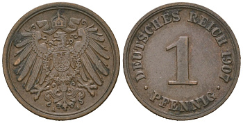 Германия 1 пфенниг 1907 A, Вильгельм II (1888-1918) KM 10, J. 10, Weege 2 медь 4615-224