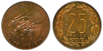 Валютный союз стран центральной Африки 25 франков 1975 проба, essai, слаб ANACS, грейд MS 67 KM E4 (KM 10) алюминиевая бронза UNC 1-4-4-13