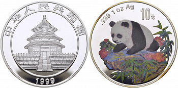 Китай 10 юаней 1999 панда, цветная эмаль KM 1217 серебро PROOF 1077-10-43