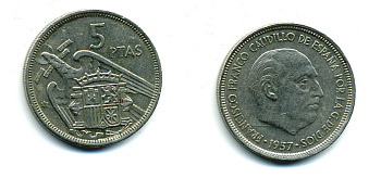 ИСПАНИЯ 5 ПЕСЕТ 1957 (73) ФРАНСИСКО ФРАНКО ДИКТАТОР ИСПАНИИ (1939-1975) KM 786 медно-никель 53-1141