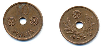 ФИНЛЯНДИЯ 10 ПЕННИ 1942 KM 33.1 медь 51-4957