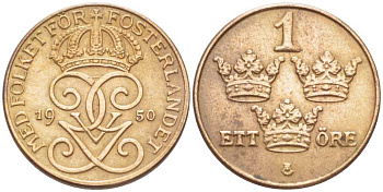 Швеция 1 эре 1950 Густав V (1907-1950) KM 777.2 бронза 116-1127