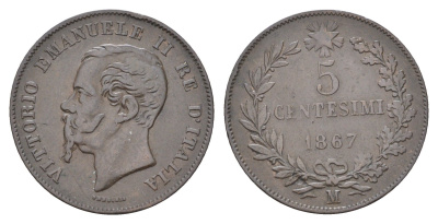 Италия 5 чентезимо 1867 M, Виктор Эммануил II (1861-1878) KM 3.2 медь 27-831