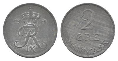 Дания 2 эре 1965 С; S, Фредерик IX (1947-1972) KM 840 цинк 4514-345