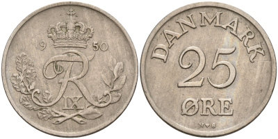 Дания 25 эре 1950 N,S, Фредерик IX (1947-1972) KM 842.1 медно-никель    4143-324
