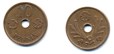 ФИНЛЯНДИЯ 10 ПЕННИ 1942 KM 33.1 медь 51-4957