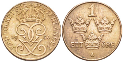 Швеция 1 эре 1950 Густав V (1907-1950) KM 777.2 бронза 116-1127