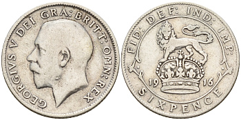 Великобритания 6 пенсов 1916 Георг V (1910-1936) KM 815, Spink 4014 серебро    4602-617