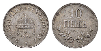 Венгрия 10 филлеров 1920 КВ, очень редкий год KM 496 железо aUNC 1531-432