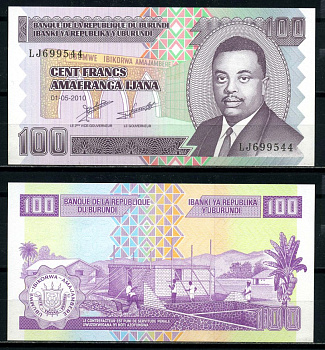 Бурунди 100 франков 2010 1 мая 2010, Prince Rwagasore Pick 44а бумага UNC (пресс) 6317-42-2-2