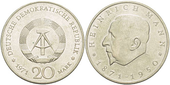 ГДР 20 марок 1971 А, 100 лет со дня рождения Генриха Манна (1871-1950) KM 33, J. 1531 медно-никель 4521-614