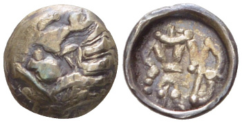 Древняя Греция, Скифия обол 250 - 130 гг. до н.э. Согдиана, Скифская Даха, голова/лучник, 0,46 гр MACW 350 серебро 1073-11-86