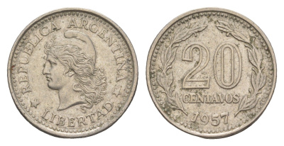 Аргентина 20 сентаво 1957 KM 55 сталь плакированная никелем 4617-945