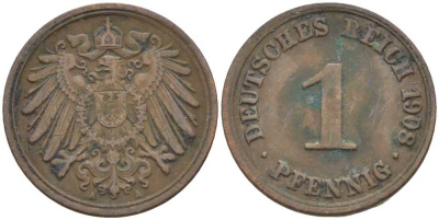 ГЕРМАНИЯ 1 ПФЕННИНГ 1908 А KM 10, J. 10 медь 201-928