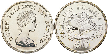 Фолклендские острова 10 фунтов 1979 серия сохраним наш мир, утка - пароход KM 12 серебро BU 11-327-14