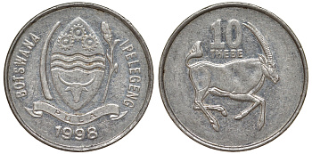 Ботсвана 10 тхебе 1998 сернобык KM 27 никелированная сталь 4164-537