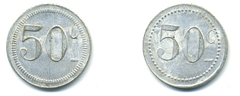 ФРАНЦИЯ 50 САНТИМОВ НАЧАЛО XX ВЕКА d 24 мм, вес около 1,0 гр., платежный жетон алюминий 89-941