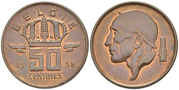 БЕЛЬГИЯ 50 САНТИМОВ 1958 BELGIE, БОДУЭН I (1951-1993) KM 149.1 бронза 206-142