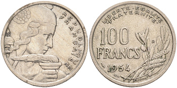 ФРАНЦИЯ 100 ФРАНКОВ 1954 В KM 919.2. LE FRANC 450.3 медно-никель 4556-157