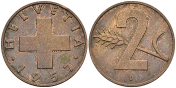 Швейцария 2 раппена 1957 В KM 47 бронза 4591-1152