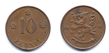 Финляндия 10 пенни 1938 KM 24 медь 51-5646