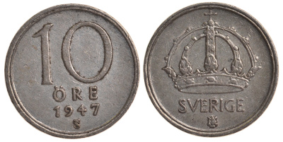 Швеция 10 эре 1947 TS, Густав V (1907-1950) KM 813 серебро 4179-544