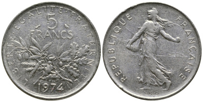 ФРАНЦИЯ 5 ФРАНКОВ 1974 СЕЯТЕЛЬ KM 926a.1, LE FRANC 341.6 медно-никель плакированный никелем 36-216