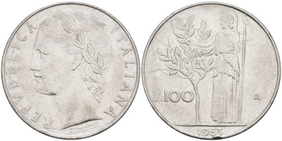 Италия 100 лир 1963 R, Афина в доспехах KM 96.1 нержавеющая сталь 4683-446