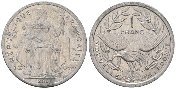 Французская Новая Каледония 1 франк 2007 птица кагу, (IEOM) KM 10, Schoen 10 алюминий 55-115