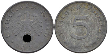 ГЕРМАНИЯ 5 РЕЙХСПФЕННИГОВ 1944 D KM 100, J. 370 цинк 105-317
