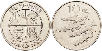 Исландия 10 крон 1987 рыбы KM 29.1 медно-никель UNC 4591-516