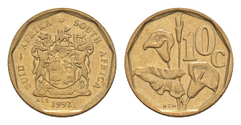 ЮАР 10 центов 1992 герб, цветок алоэ KM 135 сталь плакированная бронзой UNC 4596-168
