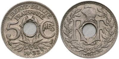 ФРАНЦИЯ 5 САНТИМОВ 1932 ТИП LINDAUER, PETIT MODULE KM 875, LE FRANC 122.15 медно-никель 4549-1235