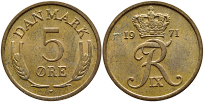 ДАНИЯ 5 ЭРЕ 1971 C; S, ФРЕДЕРИК IX (1947-1972) KM 848.1 бронза 4398-854