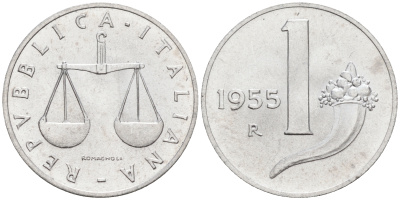 Италия 1 лира 1955 R, весы KM 91 алюминий  UNC  4594-722