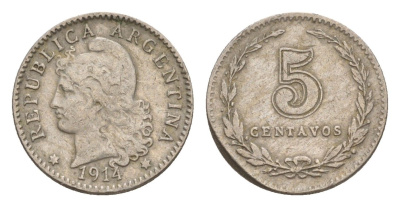 Аргентина 5 сентаво 1914 редкий год KM 34 медно-никель 413-812
