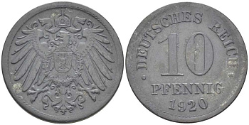 ГЕРМАНИЯ 10 ПФЕННИГОВ 1920 (1917-1922) KM 26, J. 299, Weege 8 цинк 210-232