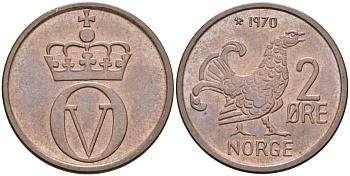 Норвегия 2 эре 1970 глухарь, Улаф V (1958-1991) KM 410 бронза UNC 4582-534