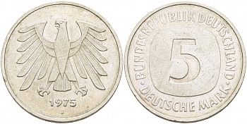 ФРГ 5 марок 1975 J, монетный двор Гамбург КМ 140.1, J. 415 медно-никель плакированный никелем 59-433