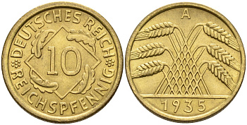 Германия 10 рейхспфеннигов 1935 A KM 40, J. 317 алюминиевая бронза 87-824