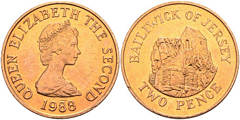 Джерси 2 пенса 1988 Сент-Хелиер, Елизавета II (1952-) KM 55 бронза UNC 4583-141