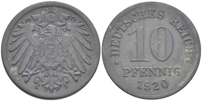 Германия 10 пфеннигов 1920 KM 26, J. 299, Weege 8 цинк 210-232