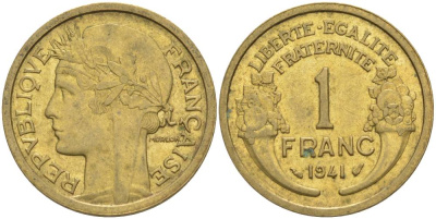 ФРАНЦИЯ 1 ФРАНК 1941 ТИП MORLON KM 885, LE FRANC 219.12 алюминиевая бронза 3853-224