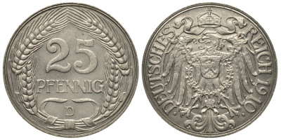 Германия 25 пфеннигов 1910 D KM 18, Weege 12, J.18 никель aUNC 413-4944