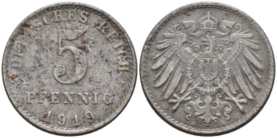 Германия 5 пфеннигов 1919 A KM 19, J. 297 железо 4151-627