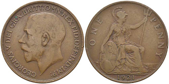Великобритания 1 пенни 1921 Георг V (1910-1936) KM 810, Spink 4051 бронза 115-222